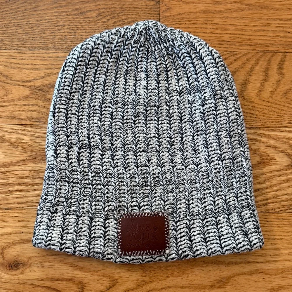 Love Your Melon Salt and Pepper (Black and White) Leather Patch Beanie
